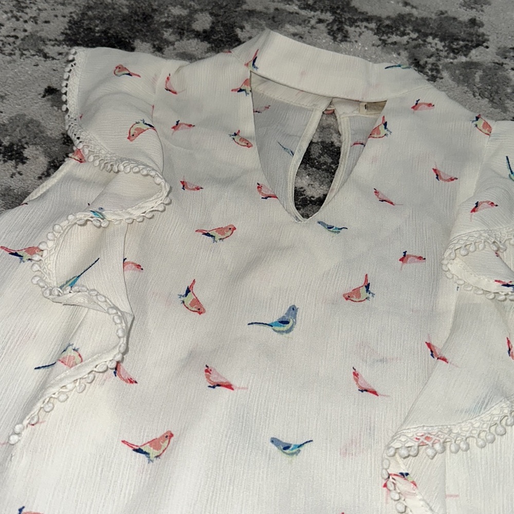White Ruffled Top with Bird Print - Picture 8 of 10
